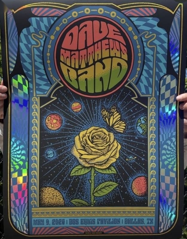 Justin Helton (Status Serigraph) — Dave Matthews Band, Dos Equis Pavilion, Dallas, TX · May 9, 2026 Artist Foil Poster