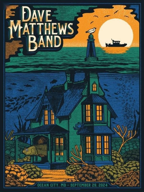 Justin Helton (Status Serigraph) — Dave Matthews Band, Ocean City Inlet Beach, Ocean City, MD · Sep 29, 2024 Foil Poster