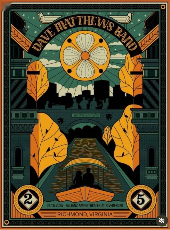 Methane Studios — Dave Matthews Band, Allianz Amphitheater at Riverfront, Richmond, VA · Jul 15, 2025 Show Foil Poster