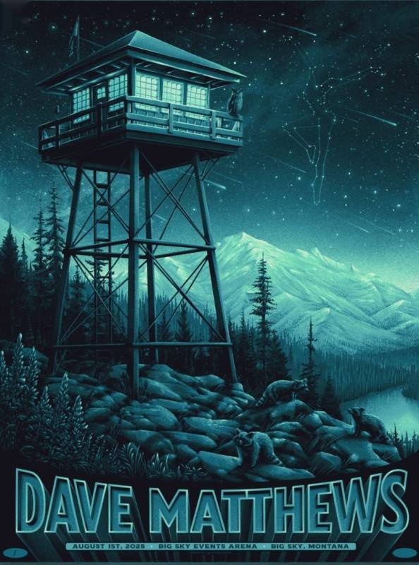 Max Mahn (Twin Home Prints) — Dave Matthews Band, Big Sky Events Arena, Big Sky, MT · Aug 1, 2025 Artist Foil Poster