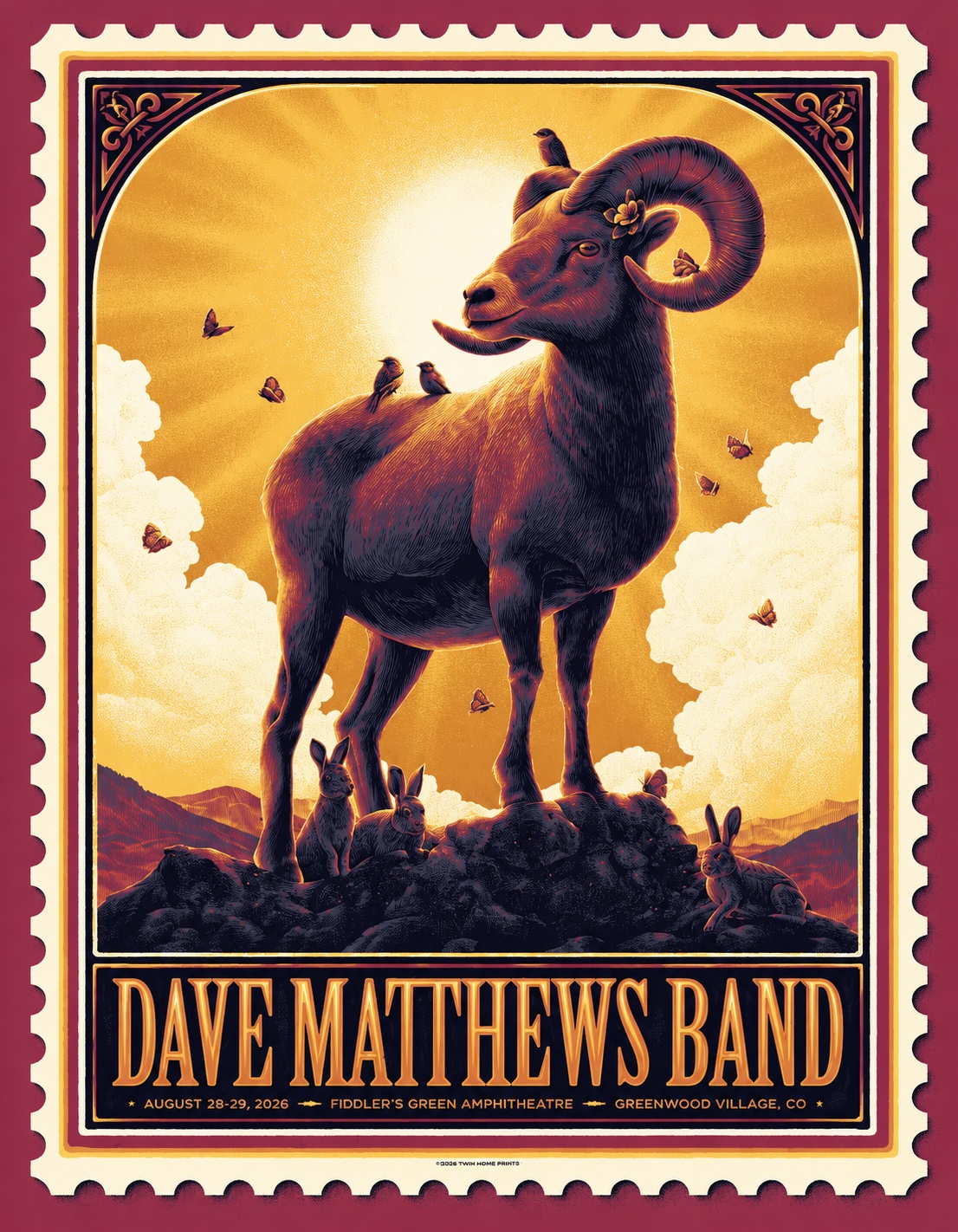 Max Mahn (Twin Home Prints) — Dave Matthews Band, Fiddler's Green Amphitheatre, Greenwood Village, CO · Aug 28–29, 2026 Show Poster